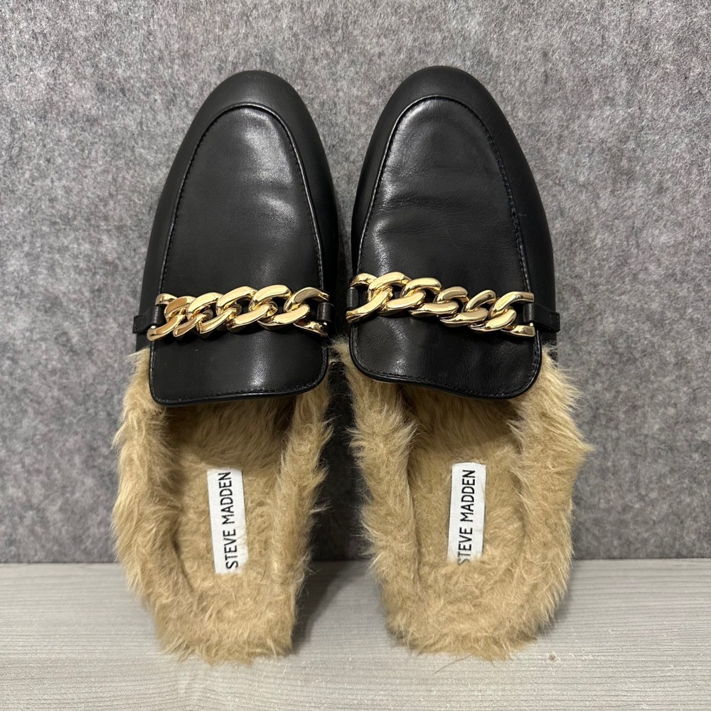 Steve Madden Feletti Mules Womens 9 Black Gold Chain Faux Fur Leather Loafer